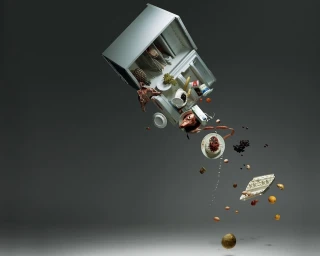 An angled white refrigerator floating in mid-air while various groceries, fruits, and plates spill out into a grey gradient studio space.