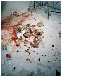 Messy still life of scattered food waste and debris on a white studio floor photographed by Dan Tobin Smith
