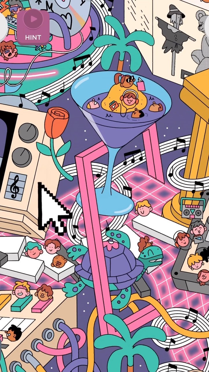 Whimsical illustration featuring humans relaxing in a martini glass, a turtle, musical notes, and colorful shapes creating a playful scene.