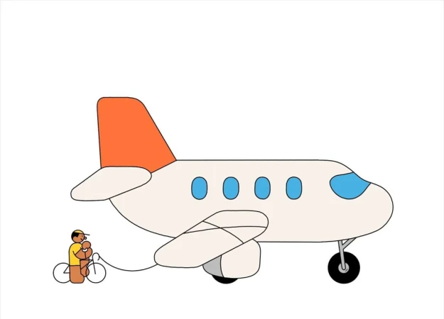 Illustration of a small figure pumping air into a large cartoon airplane using a bicycle-powered pump, set against a white backdrop.