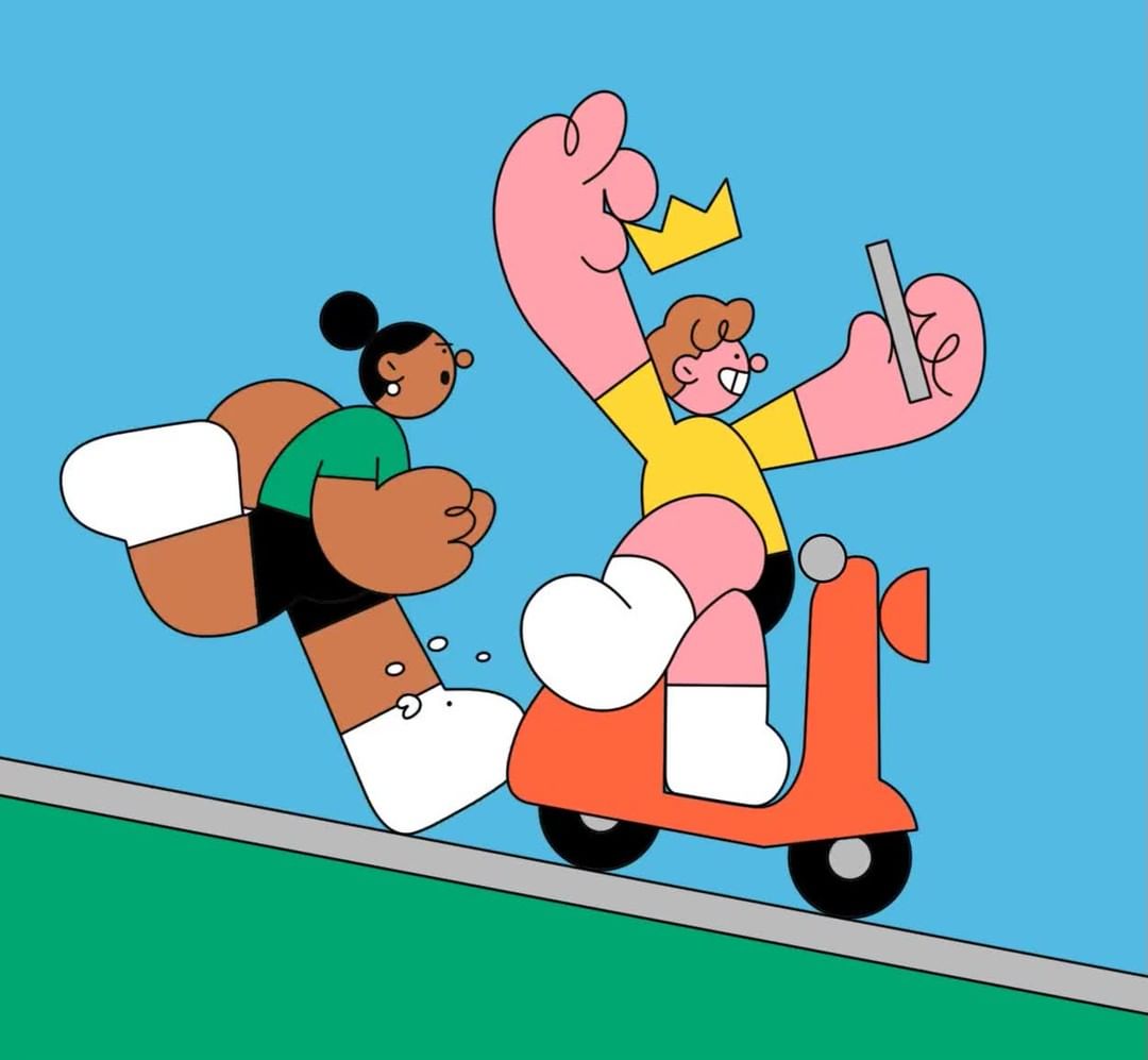 Illustration of a man riding a scooter with a crown on his head and holding up a tablet while a woman runs alongside him.