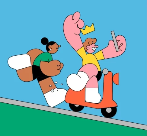 Illustration of a man riding a scooter with a crown on his head and holding up a tablet while a woman runs alongside him.
