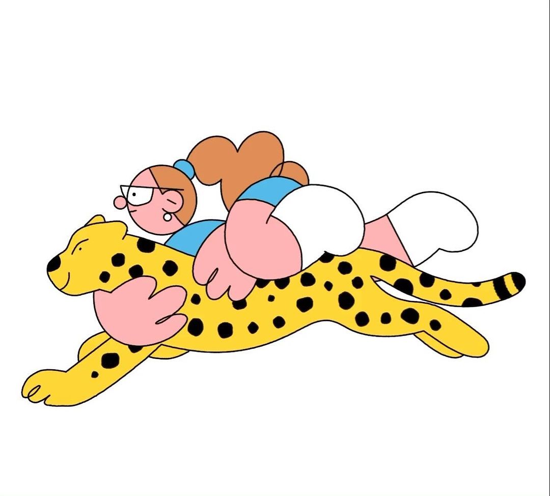 Cartoon illustration of a woman with brown hair riding a yellow cartoon cheetah with black spots on a white background.