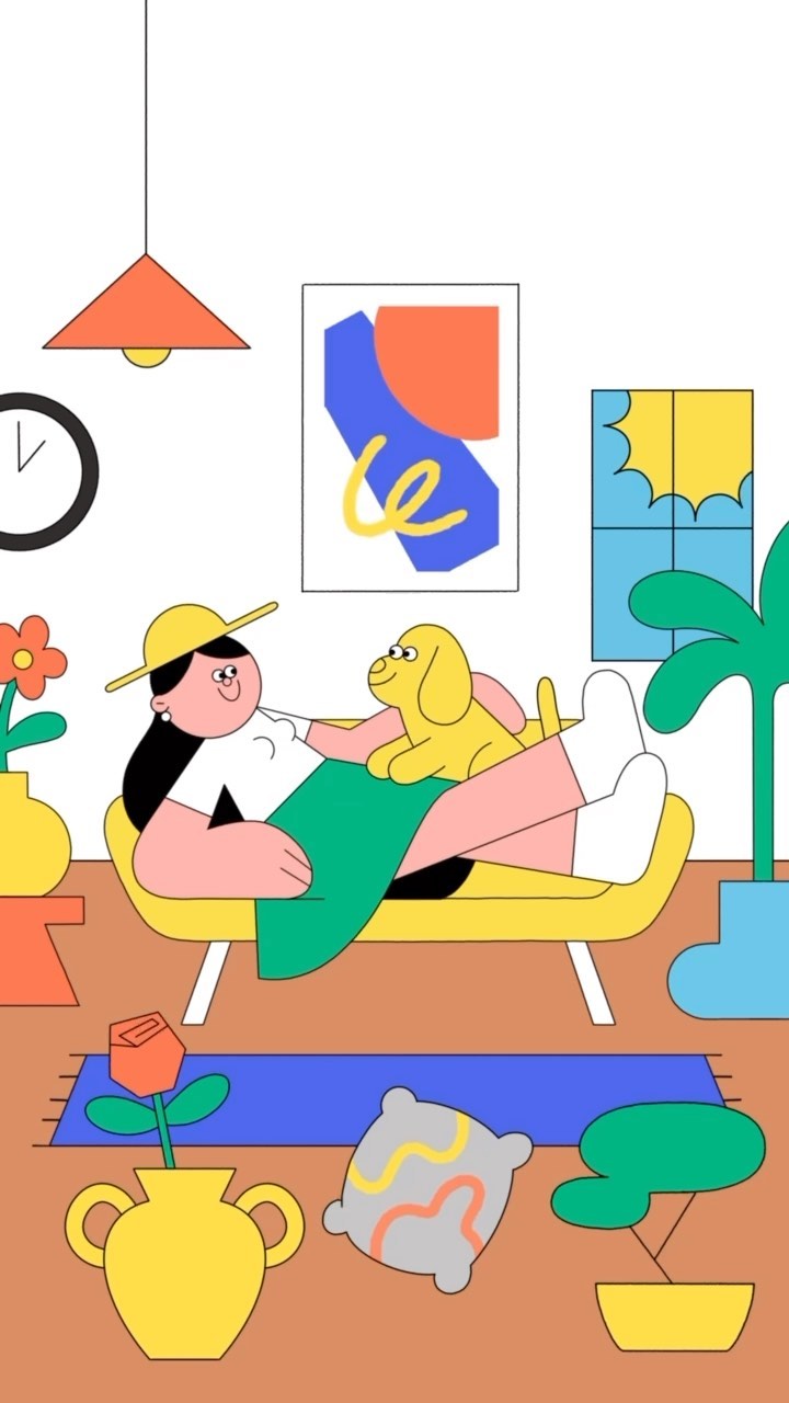 Illustration of a woman lounging on a yellow couch with a yellow dog, surrounded by plants, a rug, and abstract wall art.