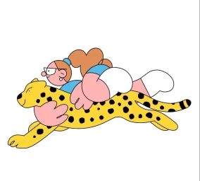 Digital illustration by Dan Woodger of a woman riding a running spotted yellow cheetah against a plain white background