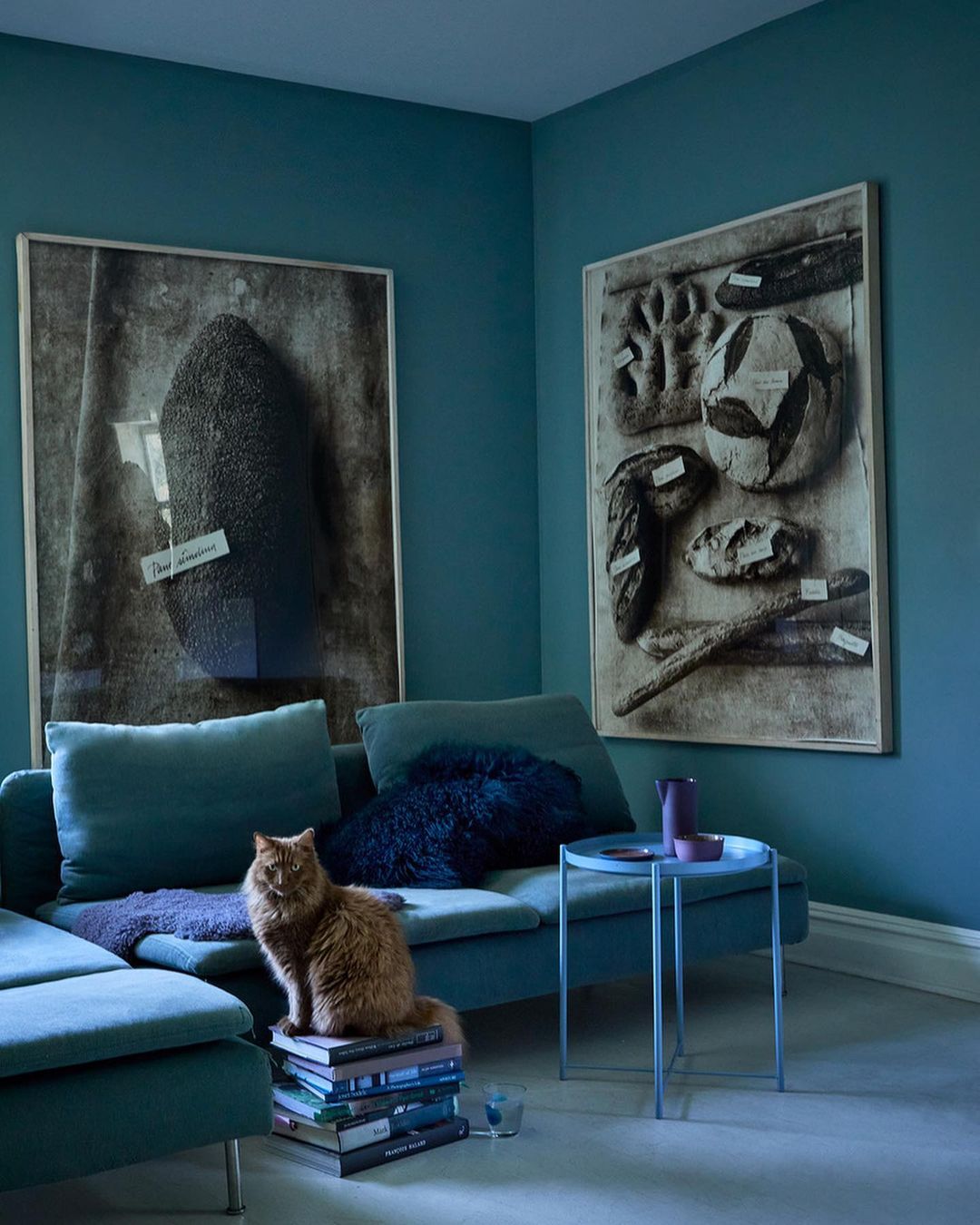 Interior scene with a ginger cat perched on a stack of books near a teal sectional sofa, complemented by modern art and decor.