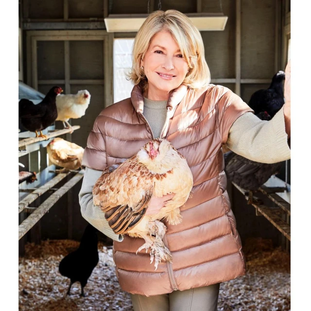 Martha Stewart holds a buff Orpington chicken in a hen house with chickens perched on wooden rungs in the background. 