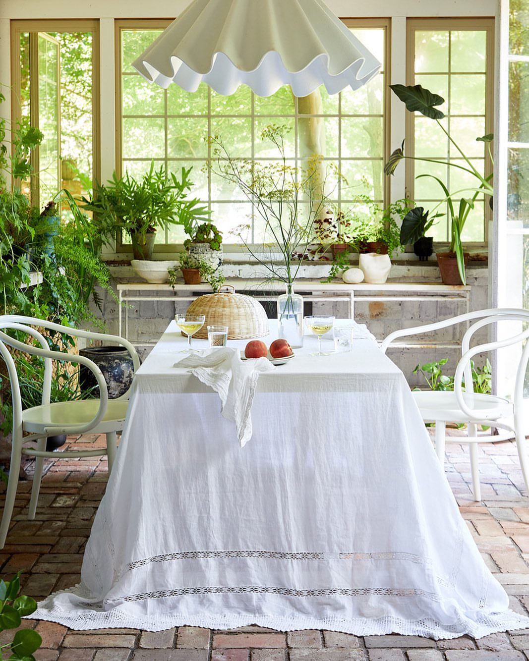 Indoor dining area with a white-clothed table, chairs, peaches, and leafy green plants under soft lighting.