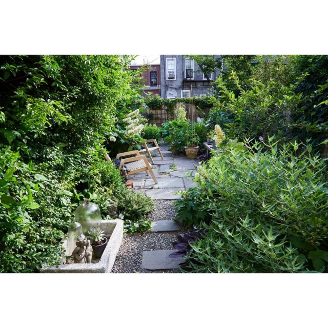 Lush backyard garden features stone pathway, wooden chairs, and green foliage, creating a tranquil and inviting outdoor space in daylight.
