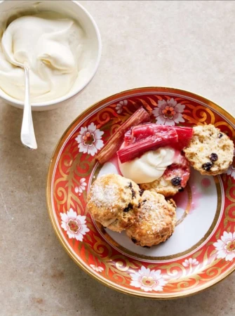 Overhead shot of scones topped with cream and rhubarb on a patterned plate next to a bowl of cream, showcasing a food photography aesthetic.