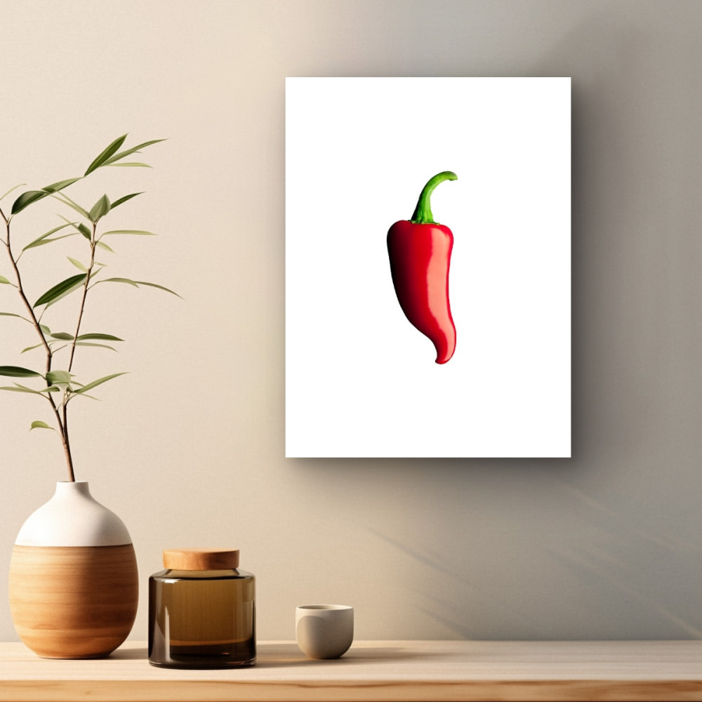 A vibrant red chili pepper is featured on a minimalist white canvas, set against a neutral backdrop with decorative glass and ceramic vases.
