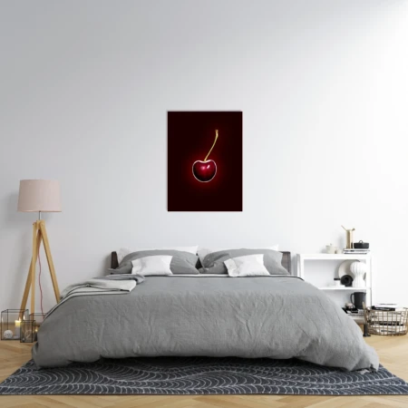 Bedroom features a gray upholstered bed, a nightstand with a lamp, and a framed photograph of a cherry on the wall.