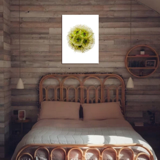 Bedroom interior featuring a bed with a rattan frame, a print of a green dahlia, and a wooden plank wall.