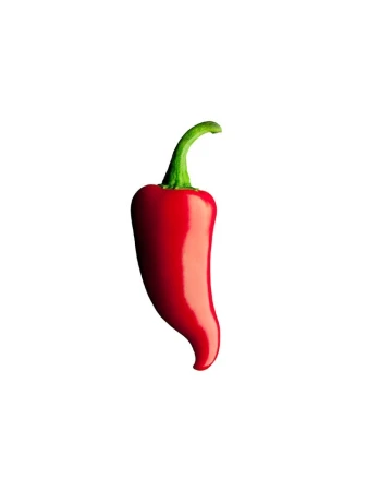 Single red chili pepper with a green stem and a curled tip is isolated on a white background, creating a simple food studio shot.