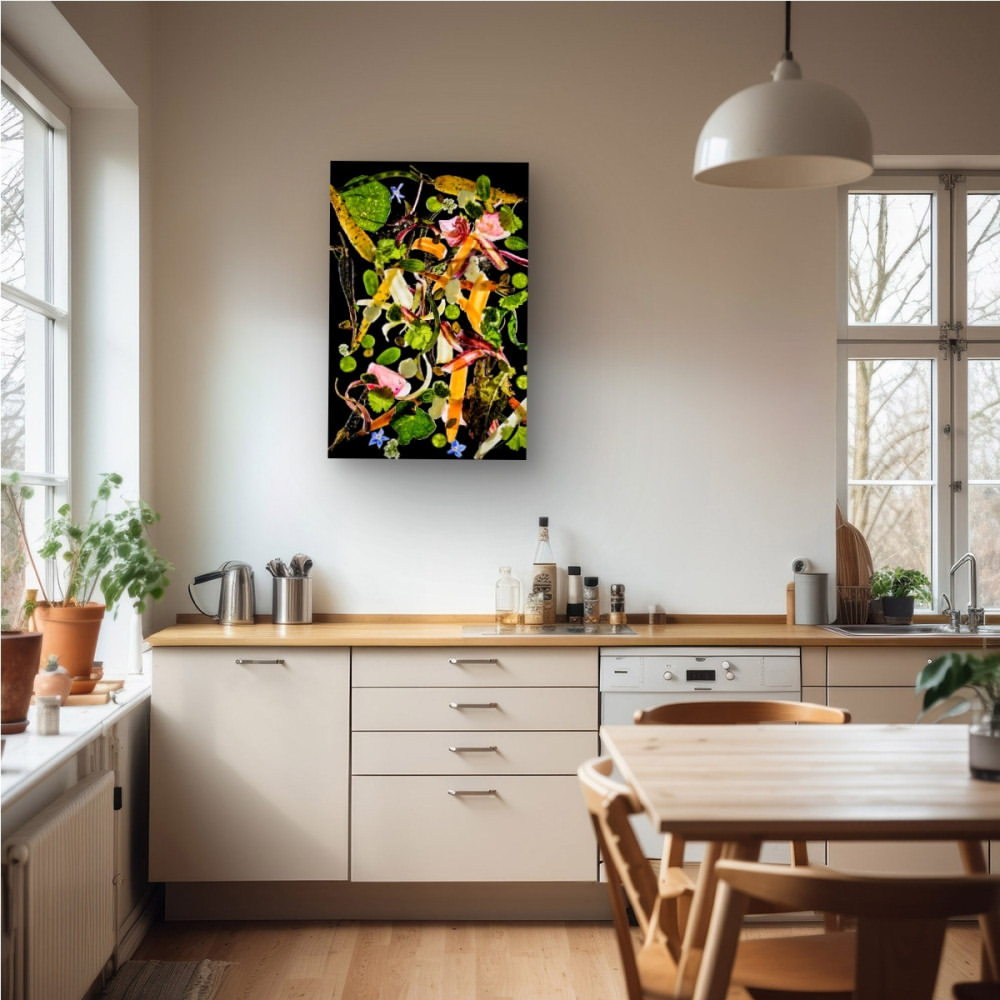 Abstract floral and plant art piece displayed on a white kitchen wall, adding a modern touch to the light-filled home interior.
