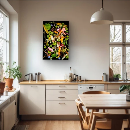 Abstract floral and plant art piece displayed on a white kitchen wall, adding a modern touch to the light-filled home interior.