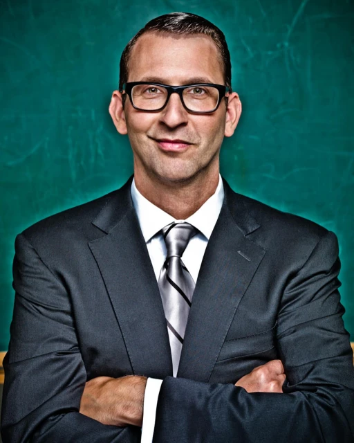 Portrait of a smiling adult male wearing a suit, tie, and glasses, with arms crossed in front of a dark green background.