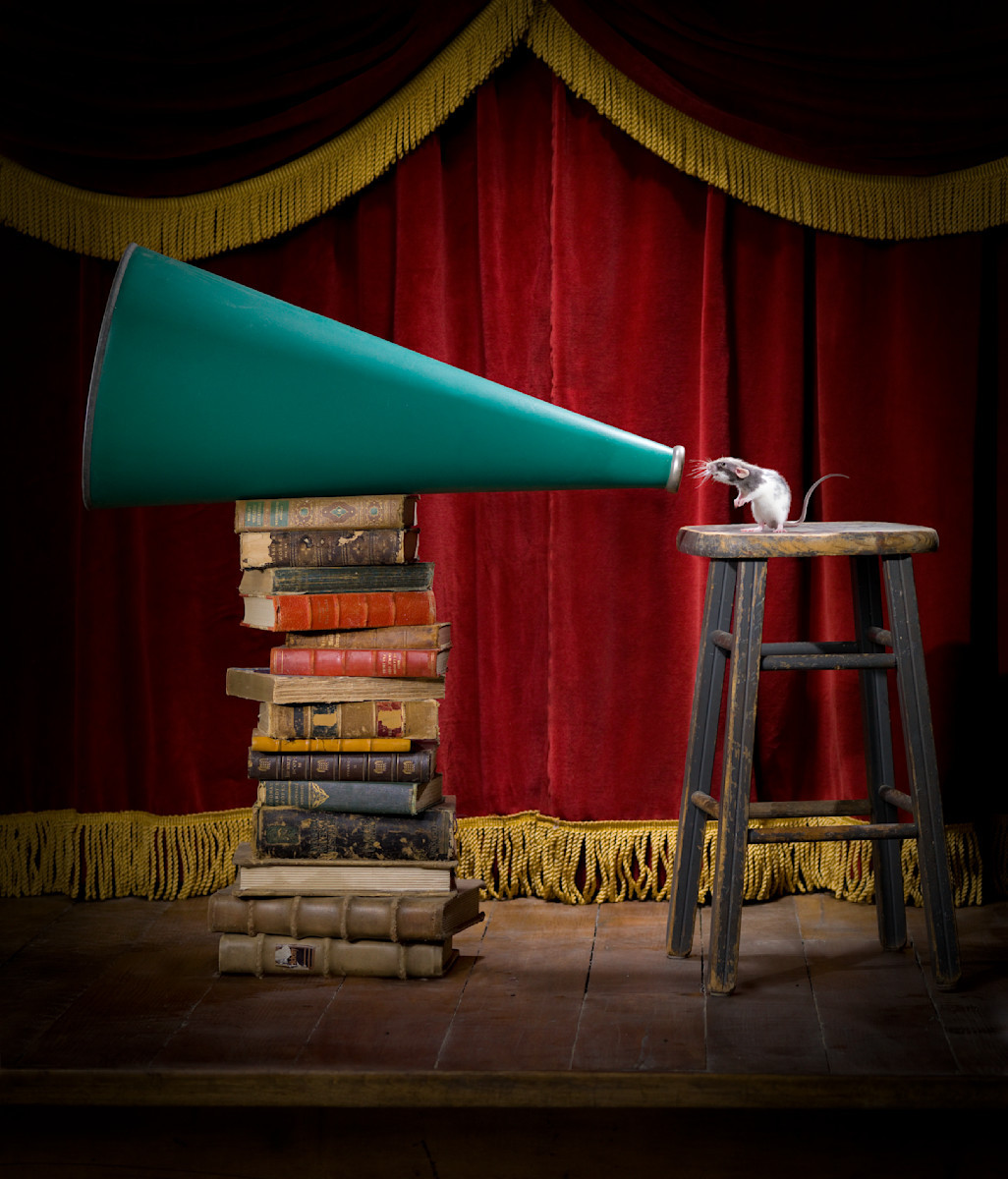 Mouse stands on stool, directed by megaphone atop book stack against a red curtain backdrop in a theatrical, staged scene.
