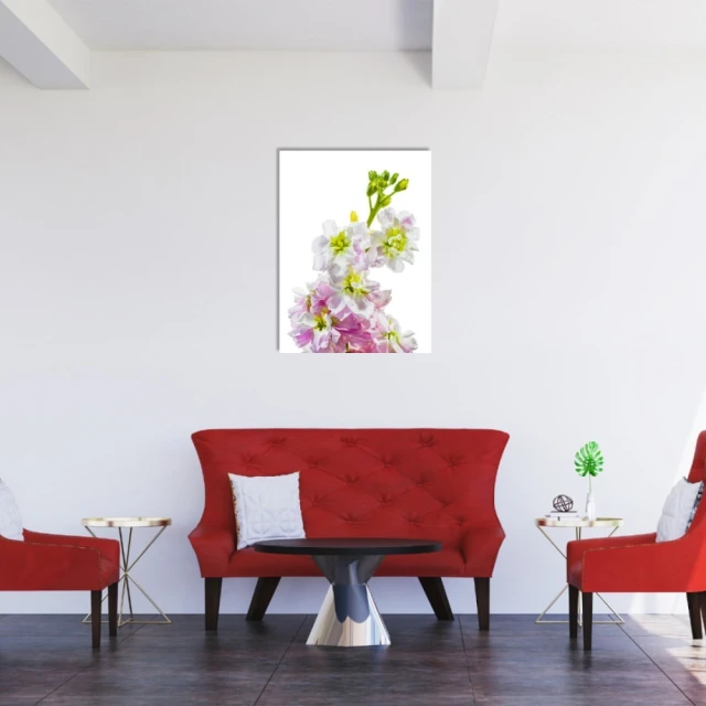 Interior view of a living room featuring a red couch with a white pillow, red chairs, and a framed floral print on the white wall.