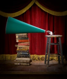 A small mouse stands on a wooden stool facing a large green megaphone resting on a stack of old books.