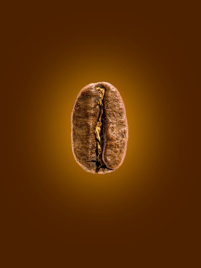 Close-up of a single roasted coffee bean with gold-filled center against a warm gradient background.
