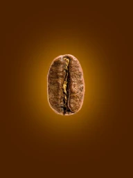 Close-up of a single roasted coffee bean with gold-filled center against a warm gradient background.