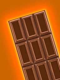 Close-up angled shot of a glossy milk chocolate bar on a vibrant orange background with a warm glow
