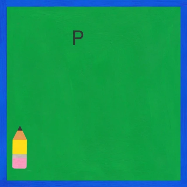 Illustration of a pencil on a green and blue chalkboard with the letter P at the top. Back to school themed art.