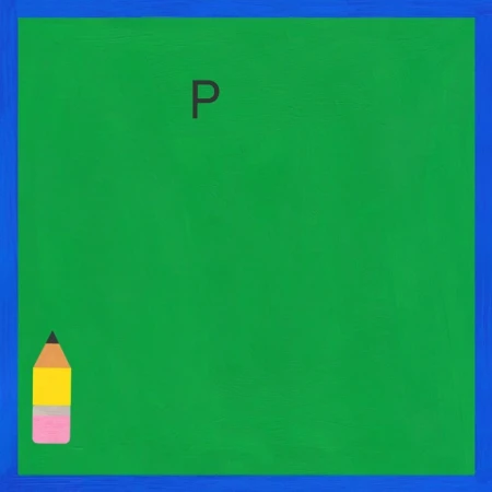 Illustration of a pencil on a green and blue chalkboard with the letter P at the top. Back to school themed art.