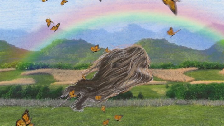 Artwork of flowing hair amidst a meadow landscape with monarch butterflies and a rainbow in the background, blending nature and fantasy.