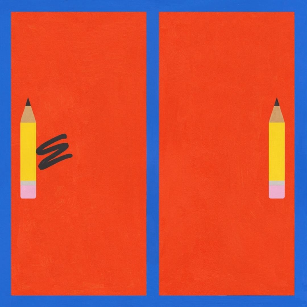 Two panels of red background with simple pencil drawings in blue frame, illustrating a minimalist aesthetic for creative projects.