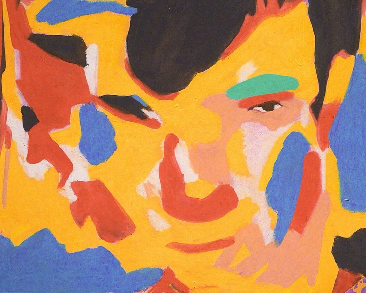 Abstract portrait painting featuring a person in shades of yellow, red, blue, black, and green, rendered with thick brushstrokes and bold colors.