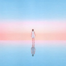 Illustrated figure in a white dress standing against a soft gradient sky with a visible reflection on water