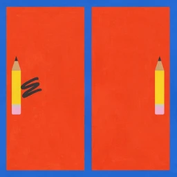 Digital illustration by Danae Gosset featuring two red panels bordered in blue with yellow pencils and a black scribble mark.