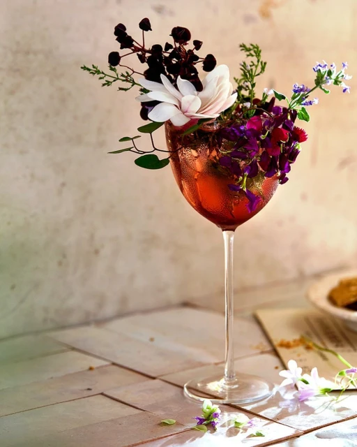 Close-up of a stemmed wine glass filled with red liquid and decorated with various flowers, set against a light, textured background.