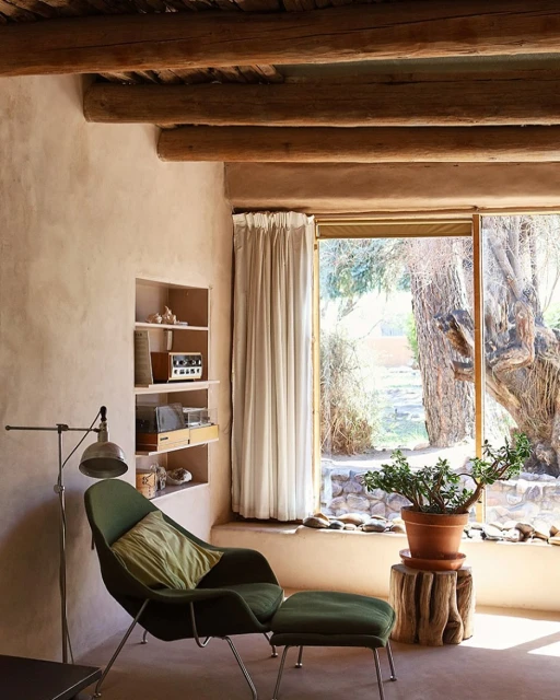 Interior of a room with a green armchair, potted plant on a tree stump, and large windows overlooking outdoor trees and foliage.