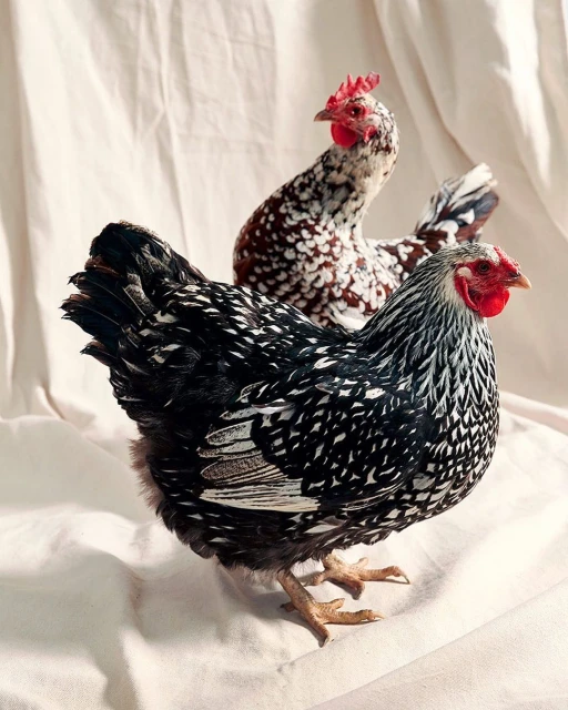 Two speckled chickens, one black and white, and one brown and white, stand on a white fabric background in a studio setting.