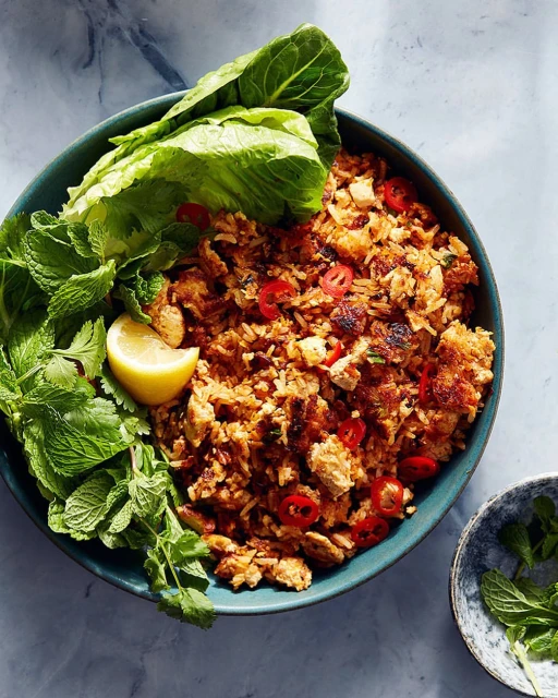 Overhead shot of appetizing fried rice dish in teal bowl, garnished with fresh mint, lettuce, lemon, red chili pepper slices.