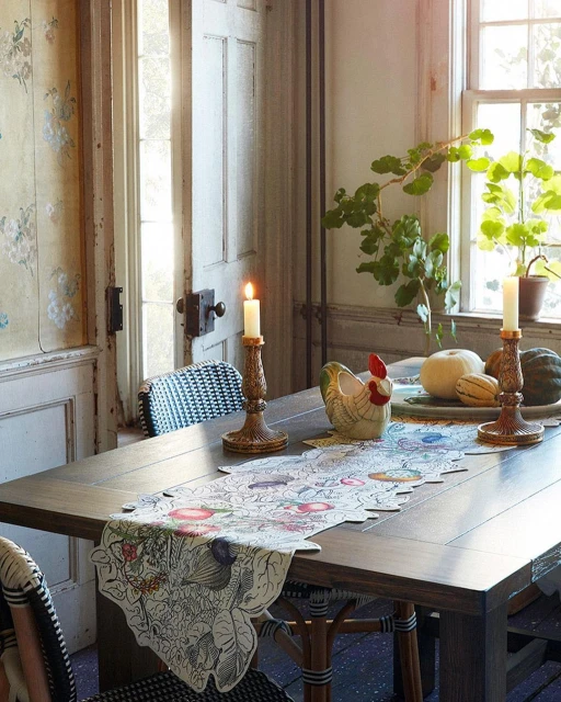 Dining room table set with candles, decorative rooster, gourd, and floral table runner, lit by natural light from window.