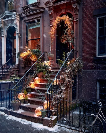 A brownstone exterior is decorated with plants and lights for the holidays, with a bicycle parked along the sidewalk.