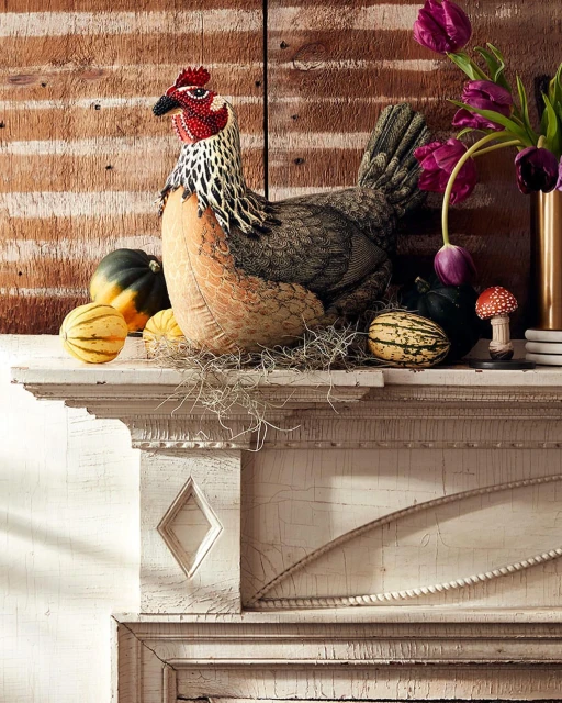 Decorative hen and small gourds arranged on a distressed white fireplace mantel, alongside tulips in a metallic vase.