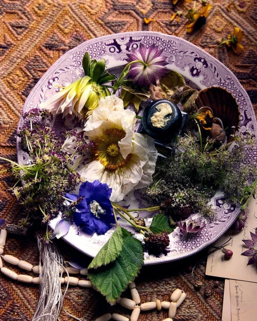 Overhead still life features a plate filled with an eclectic collection of blooms, berries, and vintage elements on a patterned textile.
