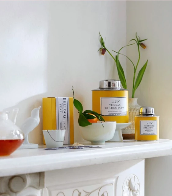 Still life of Bellocq teas in yellow packaging, vase with stems, ceramic bowl with orange and leaves against white wall and mantle.