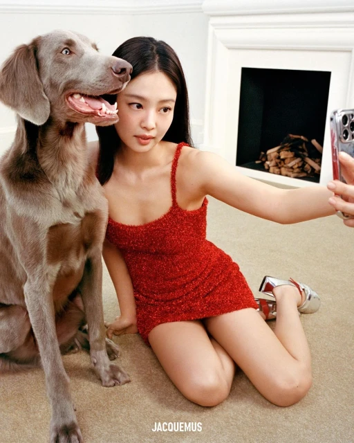 Adult woman takes a selfie with a grey Weimaraner dog indoors, posing in a short red dress and silver shoes in a bright, modern setting.