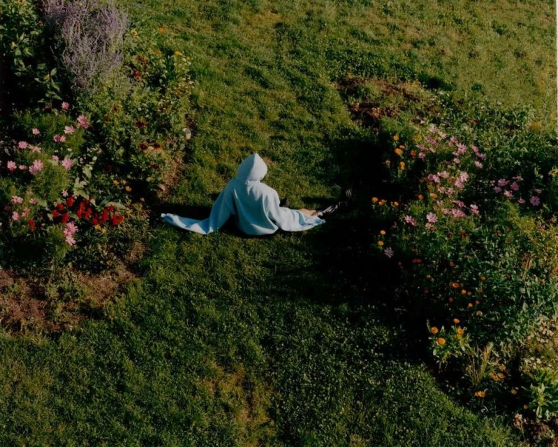 Person in a light blue hooded sweatshirt sitting in a grassy field surrounded by colorful flowers in an outdoor setting.
