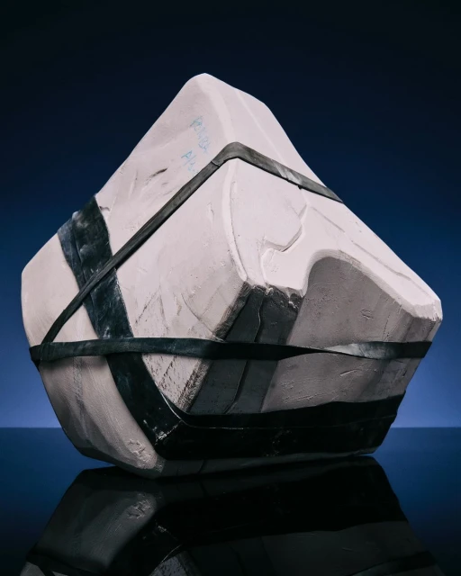 Abstract white form with black straps on reflective surface, set against a gradient blue backdrop, studio lighting.