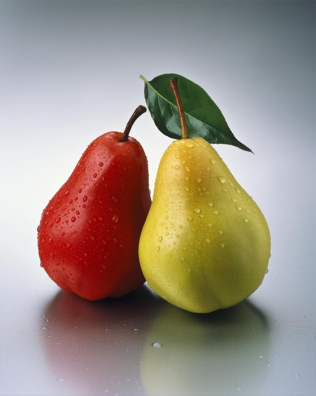 Studio shot of a red pear and a yellow pear, both covered in water droplets, with a green leaf on a shiny gray surface.