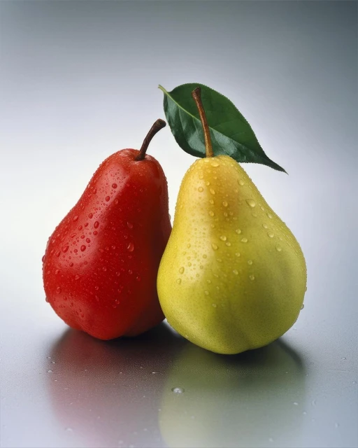 Studio shot of a red pear and a yellow pear, both covered in water droplets, with a green leaf on a shiny gray surface.