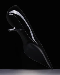 Glossy black high-heeled shoe angled upward against a dark background with a narrow reflected surface below
