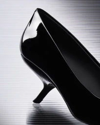 Close-up profile of a black patent leather stiletto heel against a striped textured background
